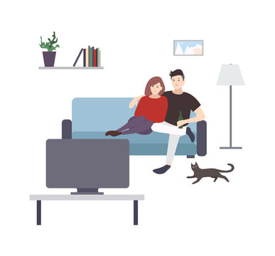 Cute male and female cartoon characters sitting on cozy couch and watching TV or television set. Young couple having fun at home. Pair of man and woman spending time together. Vector illustration.