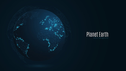 Abstract planet on a dark blue background. Earth. World map. Blue light. Sci-fi and hi-tech. Big cities. Map of points. The world population. World Network. Vector illustration