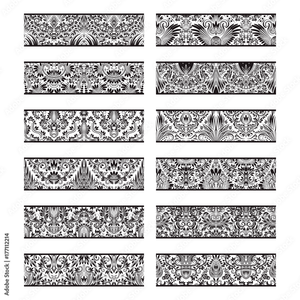 Poster floral patterned vintage elements for vector brushes creating. borders templates kit for frames desi