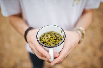 Man traveler hands holding cup of tea near the fire outdoors. Adventure, travel, tourism and camping concept. Hiker drinking tea from mug at camp. Selective focus