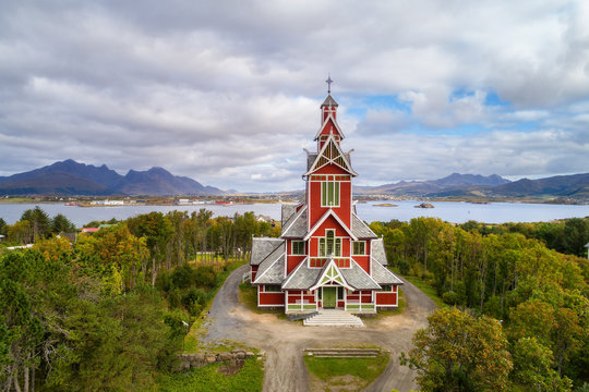 Buksnes Church in the village of Gravdal on Lofoten islands in Norway