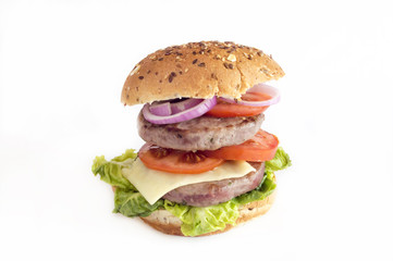 Hamburger meat and vegetables on white background