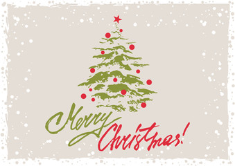 Grunge retro style greeting card with Christmas tree and hand written lettering in Christmas colors. Vector illustration