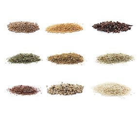 Collage of different seasoning on white background