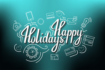 Naklejka premium The handwritten phrase Happy holidays on a blue background with icons.