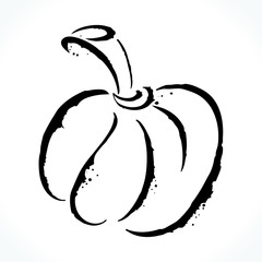 Hand drawn contour picture of pumpkin silhouette isolated on white background. Template for Halloween design. Vector illustration.
