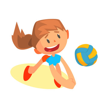 Cheerful teen girl volleyball player in uniform hitting ball