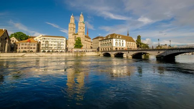 Timelapse Video of Grossmunster Church and Limmat River, Zurich, Switzerland