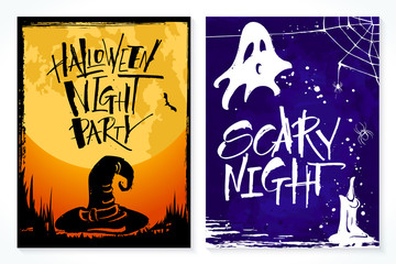 Set of 2 Halloween card. Handwritten modern calligraphy, vector illustration. Template for banners, posters, merchandising, cards or photo overlays.