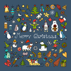 Set of colored doodles of merry christmas icons