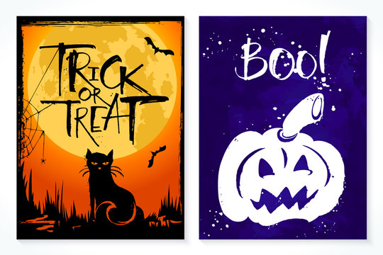 Set of 2 Halloween card. Handwritten modern calligraphy, vector illustration. Template for banners, posters, merchandising, cards or photo overlays.
