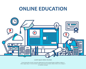 Online education concept with learning and teaching icons. School vector background with computer. Banner for website or magazne. Header, poster, flyer backdrop. Cartoon design.