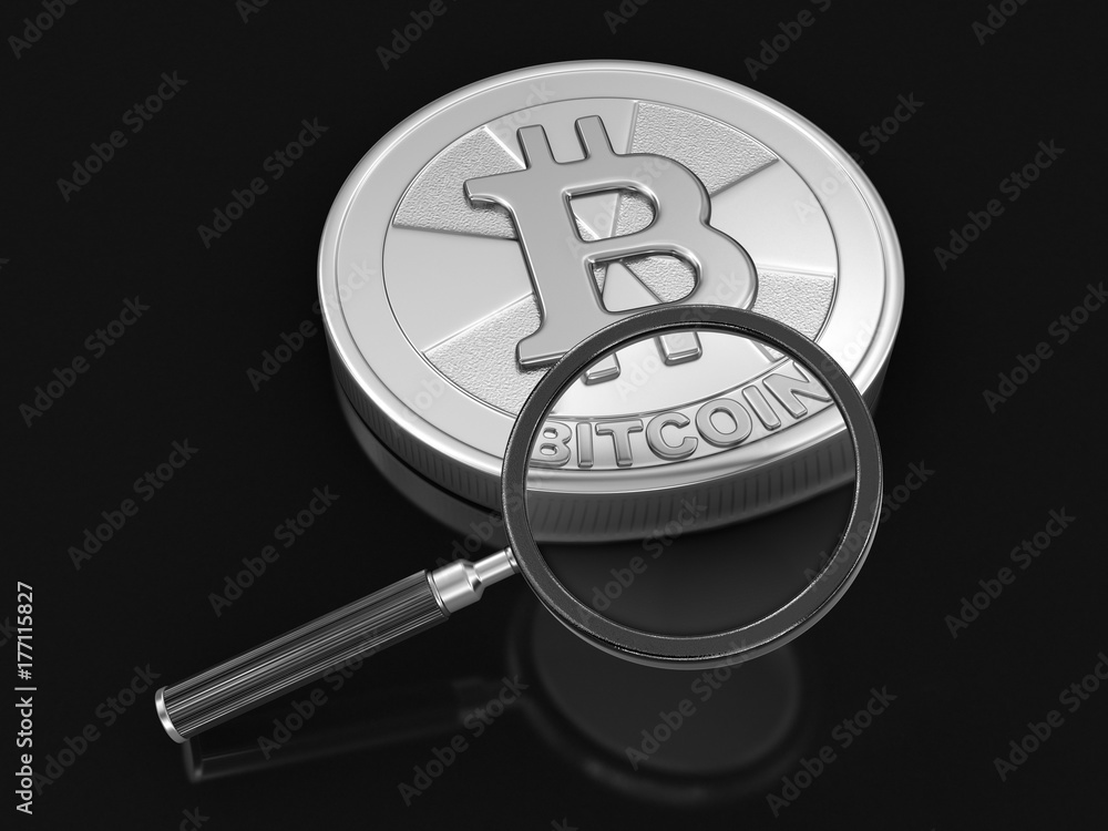 Poster magnifying glass and bitcoin. image with clipping path