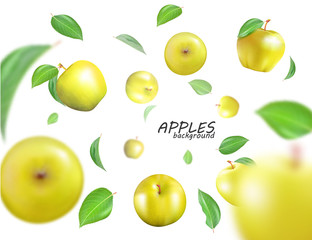 Vector flying yellow apples. Advertising fresh food template. Realistic 3D apples