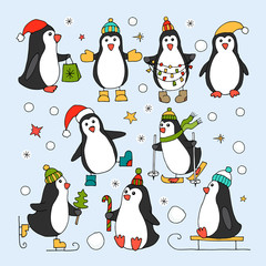 Set of isolated penguin icons. Vector illustration for your design