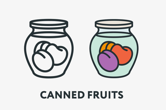 Homemade Canned Fruits Concept. Glass Jar with Plum, Apple and Peach. Minimal Flat Line Outline Colorful and Stroke Icon Pictogram