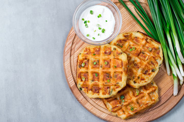 Top view of belgian waffles. Space for text