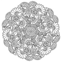 Vector floral mandala in black and white. Round pattern for coloring