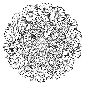 Vector floral mandala in black and white. Round pattern for coloring