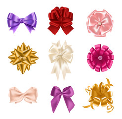 Collection of elegant colorful realistic silk bows of different types isolated on white background. Set of beautiful holiday decorative elements, shiny festive gift decorations. Vector illustration.