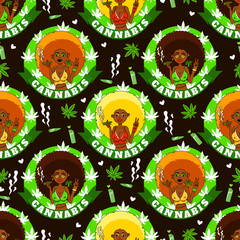 Cannabis girl. Seamless pattern with african american girls, smoke, lighter, marijuanna and hearts. Rastafarian background.
