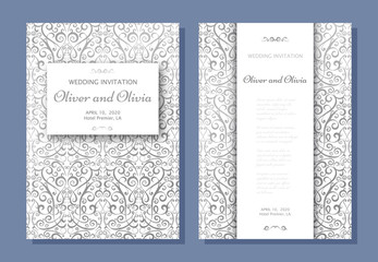 Set of wedding invitation templates. Cover design with silver Damask ornaments. Vector illustration