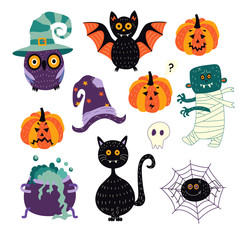 vector flat cartoon halloween autumn holiday symbols set. Black cat, bat pumpkins, zombie, withc bowl and hat, spider in net, owl in hat and skull. Isolated illustration on a white background.