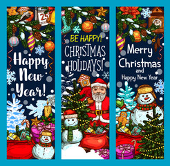 Merry Christmas Santa gifts vector sketch banners