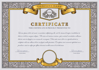 Vintage Vector Certificate Template with gold, luxury, ornamental frame and ribbons.
