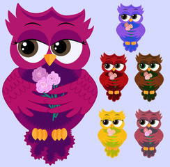 A set of colorful coquettish co-girls with long eyelashes, folded wings and a bouquet of three roses