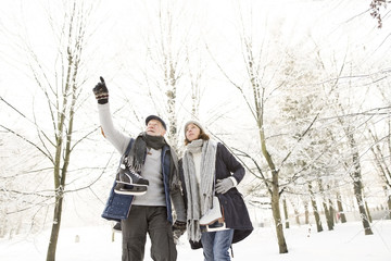 Senior couple with ice skates in winter forest