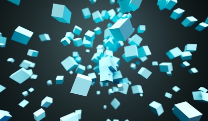 Fototapeta na wymiar 3D Rendering Of Abstract Flying Chaotic Cubes On Dark Background