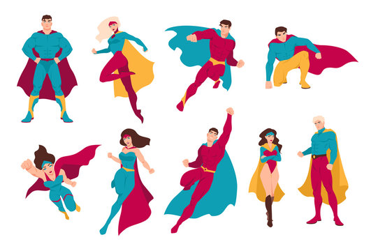 Collection of superheroes. Bundle of men and women with super powers. Set of male and female cartoon or comic characters wearing tight-fitting costumes and capes. Colorful flat vector illustration.