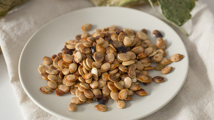 Closeup of fried pumpkin seeds.
