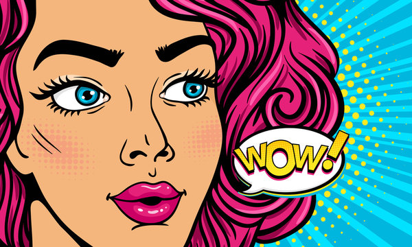 Wow female face. Closeup of sexy surprised young woman with open mouth and pink curly hair and Wow! speech bubble. Vector colorful background in pop art retro comic style. Party invitation poster.