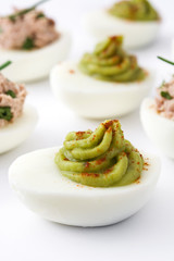 Variety of stuffed eggs with avocado and tuna  isolated on white background