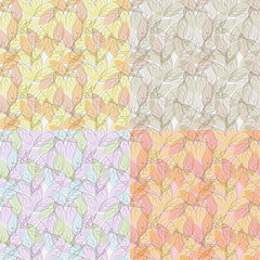 Seamless leaves background painted in 4 different ways. No mesh, gradient, transparency used. Objects grouped and named in English.