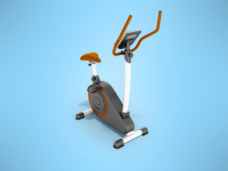 Modern sports exercise bike with electric control home orange 3d render on a blue background