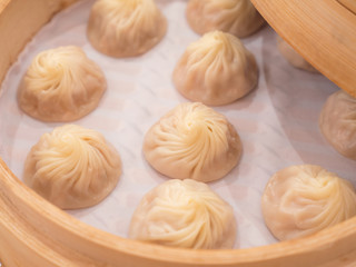Fototapeta na wymiar Closeup of Xiao Long Bao, Streamed Pork Dumplings Taiwan food 12