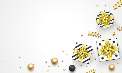 Fototapeta premium New Year or Christmas greeting card of golden gift ribbon bow and gold glittering star confetti glitter on premium white background. Vector template for Christmas winter holiday decoration or sale