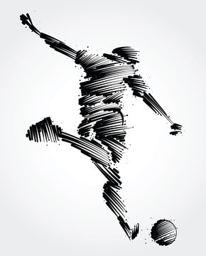 Soccer player ready to kick the ball made of black brushstrokes