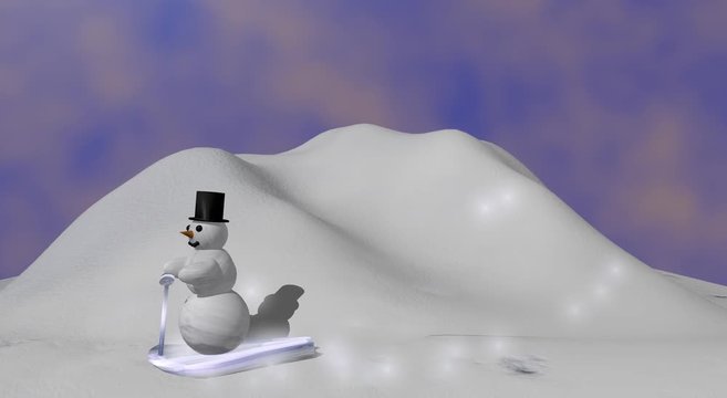 Ein Schneemann fährt auf einem Schlitten den Berg runter