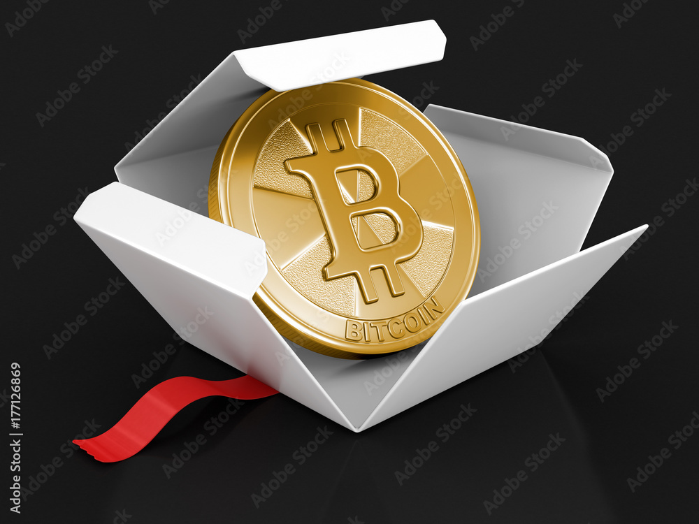 Poster open package with bitcoin. image with clipping path