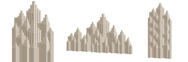 Silver coins stand vertically in columns ascending, isolated on white. Concept of revenue growth as tower and city