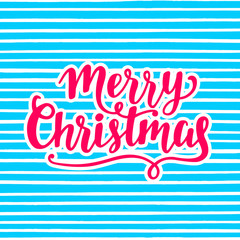 Merry Christmas greeting card. Hand lettering in pink and blue bright colors