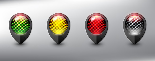 Collection of 4 map markers. Location icons. Semaphore. Black with traffic lights in 4 different colors. Isolated with realistic shine and shadow on the light background. Vector illustration. Eps10.