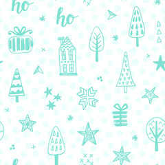 Fototapeta na wymiar Christmas doodles seamless pattern in mint and white colors