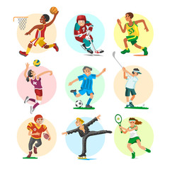 Sport people sportsmen woman and man flat fitness activities workout athletic characters vector illustration.