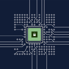Realistic microchip, cpu, microprocessor on detailed printed circuit board with lock.