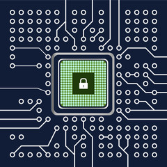 Realistic microchip, cpu, microprocessor on detailed printed circuit board with lock.